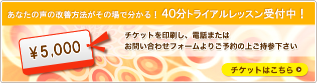 あなたの声の改善方法がその場で分かる！ 40分トライアルレッスン受付中！
チケットを印刷し、電話またはお問い合わせフォームよりご予約の上ご持参下さい
チケットはこちら